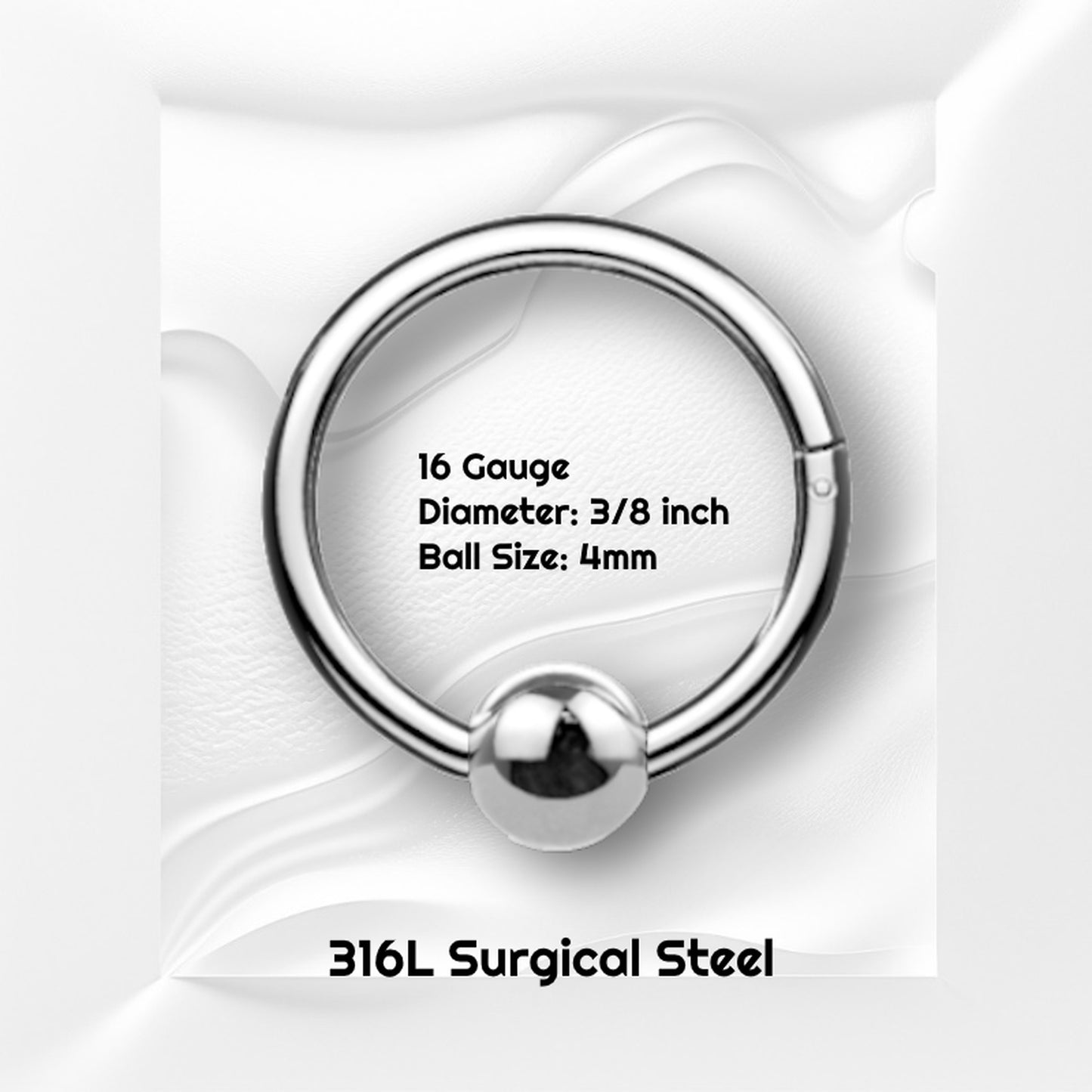 Hinged Segment Fixed Captive Bead Ring 16 Gauge 316L Surgical Steel info graphic showing the size and material in black text.