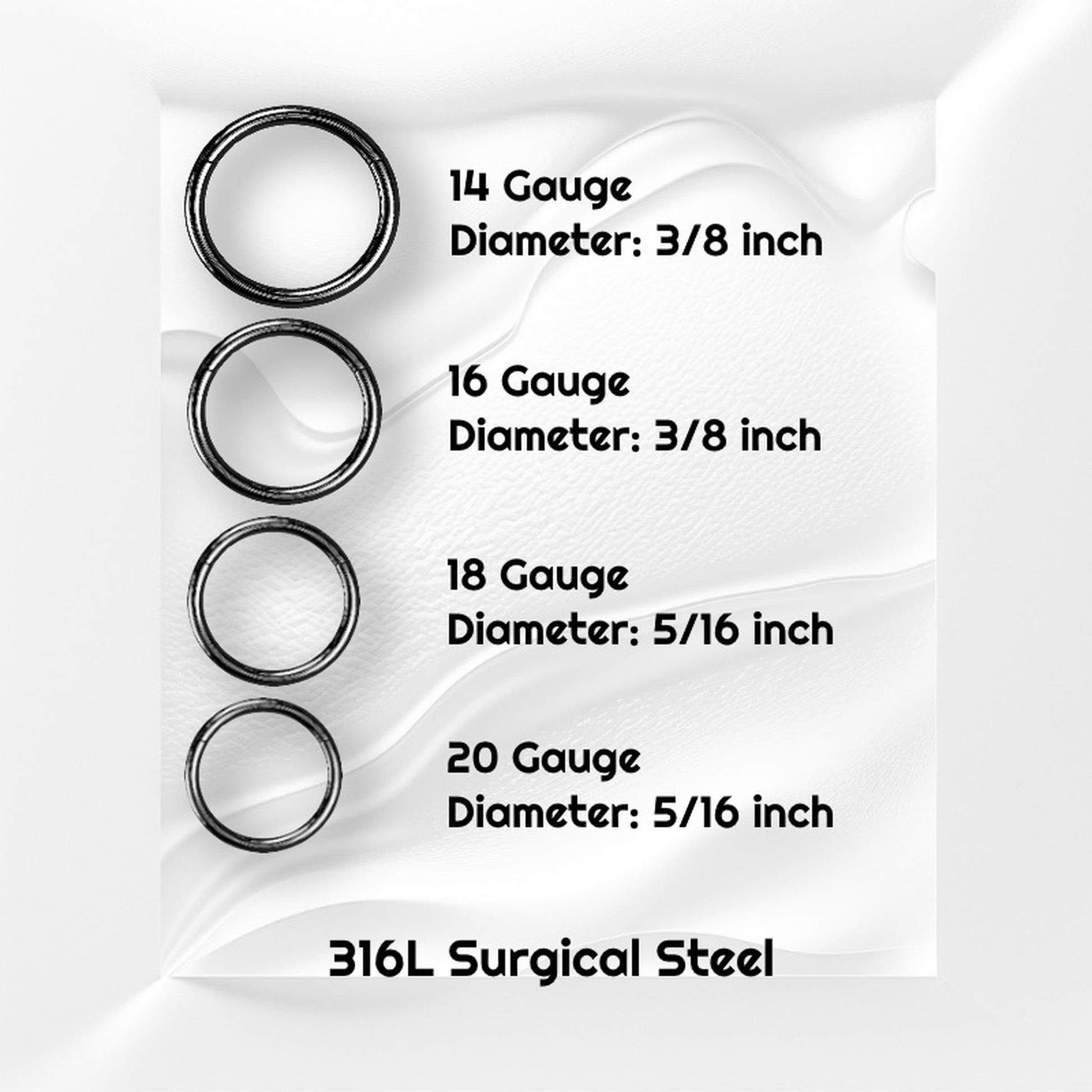 Black Hinged Segment Septum Ring 316L Surgical Steel 20G 18G 16G 14G info graphic pictured on a gray wavy background with black text stating the sizes and material.