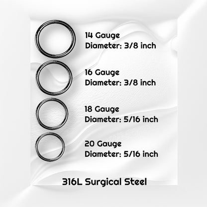 Black Hinged Segment Septum Ring 316L Surgical Steel 20G 18G 16G 14G info graphic pictured on a gray wavy background with black text stating the sizes and material.