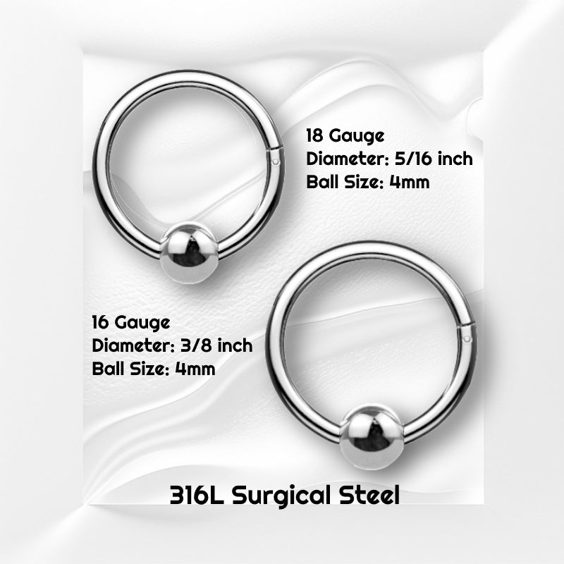 Two surgical steel hinged septum rings pictured on a white wavy background with black text stating the sizes of these pieces of septum jewelry.