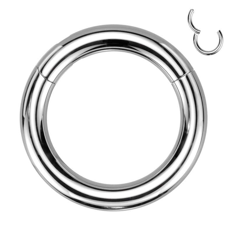 A surgical steel large septum ring that measures 4 gauge with a clicker style closure pictured against a white background.