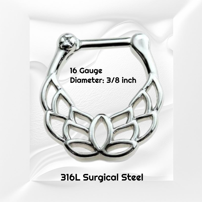 A 16 gauge surgical steel lotus septum clicker pictured on a white wavy background with black text stating the sizes available of this septum clicker.