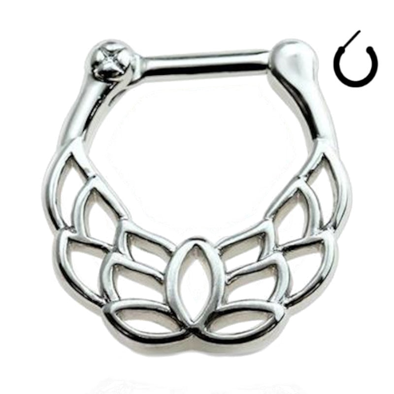 A 16 gauge surgical steel lotus septum clicker pictured against a white background.