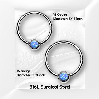 Two surgical steel opal septum rings pictured on a white wavy background with black text stating the size of these pieces of septum jewelry.