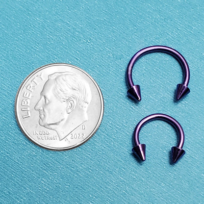 Two sizes of a surgical steel purple septum ring pictured on an aqua background next to a dime for a size comparison.