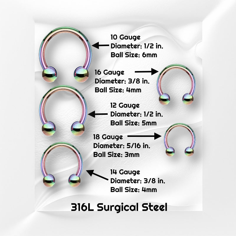 Five sizes of a surgical steel rainbow septum rings pictured on a white wavy background with black text stating the size of each piece of the jewelry.