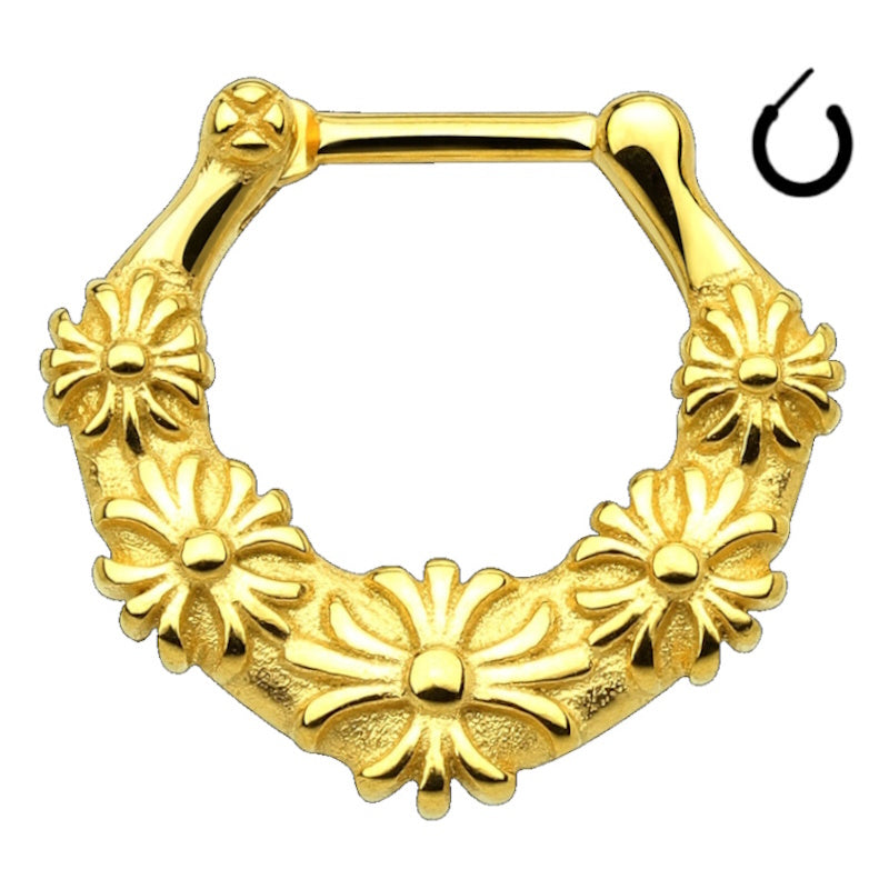 A surgical steel septum piercing clicker with a front facing floral design that has gold plating pictured against a white background. 