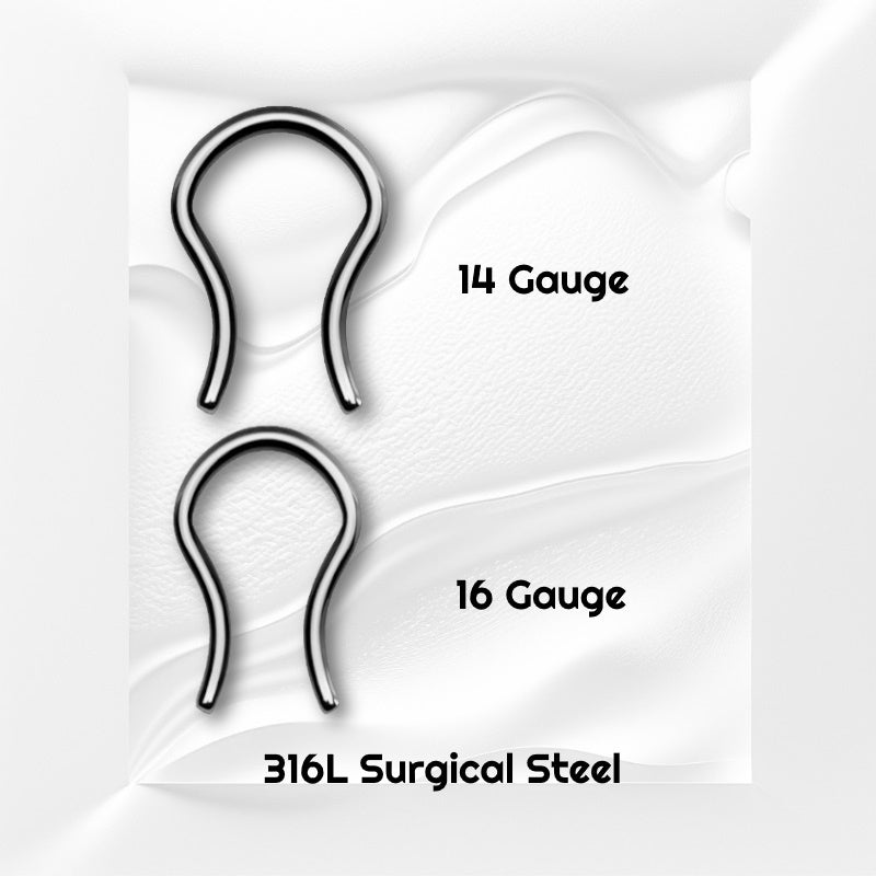 Two sizes of surgical steel septum piercing retainers pictured on a white wavy background with black text stating the size of each piece of this septum jewelry.