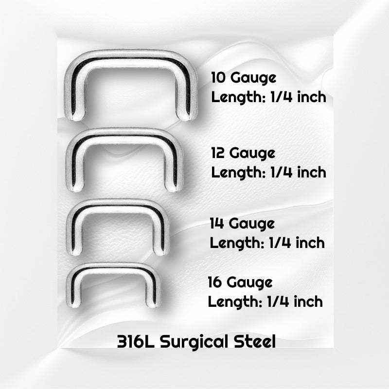 Four sizes of a surgical steel septum retainers pictured on a white wavy background with black text stating the size of each piece of the septum jewelry.