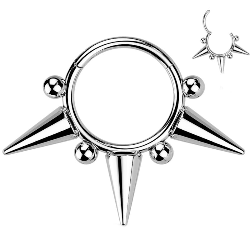 A surgical steel spiked septum ring featuring 3 long spikes separated by a bead and a bead on each end pictured against a white background.