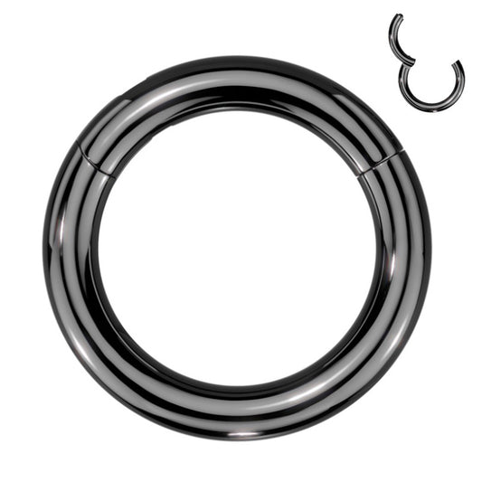 A 2 gauge surgical steel thick septum ring with a hinged segment closure pictured against a white background.