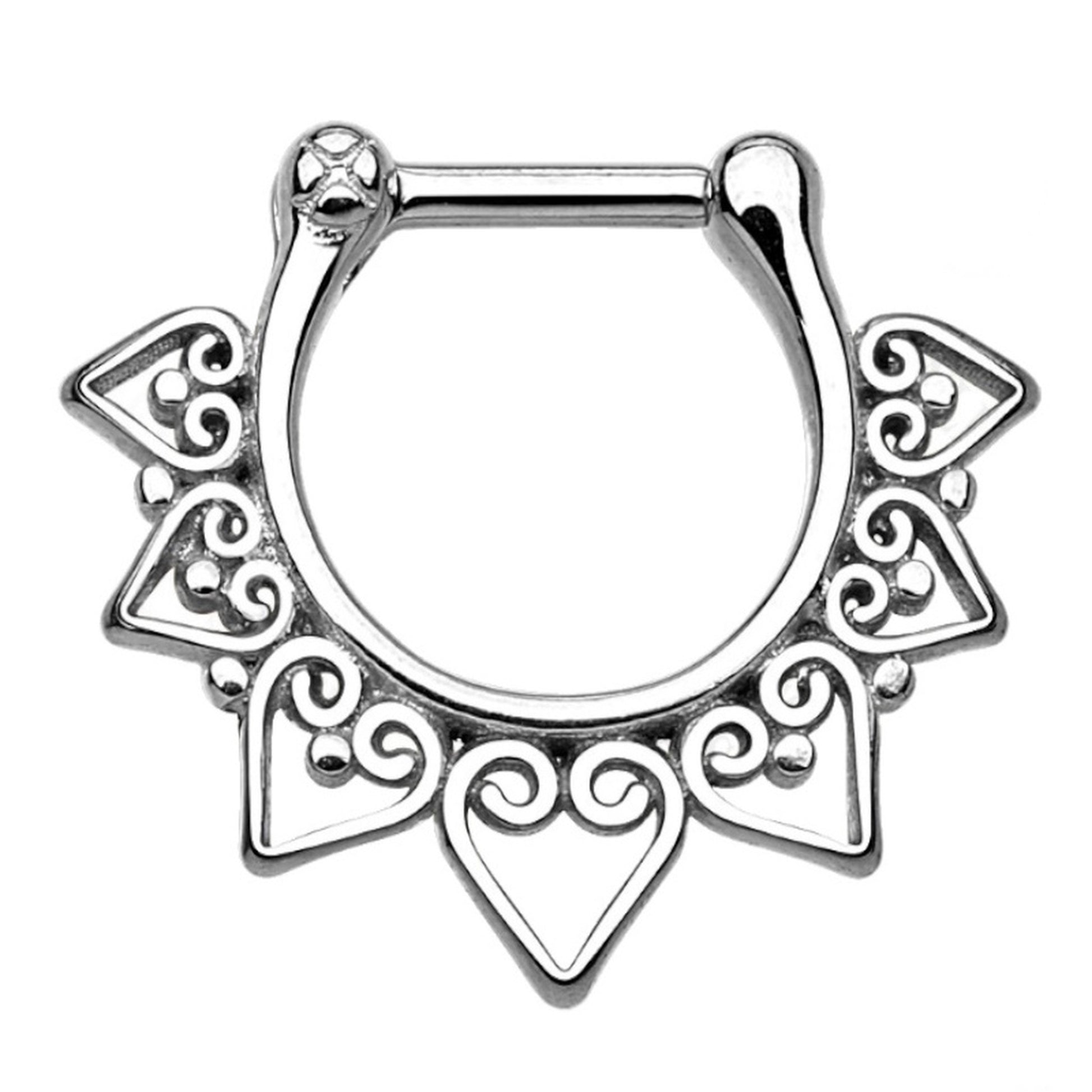 Tribal Septum Clicker Ring 16 Gauge 316L Surgical Steel Silver pictured against a white background.