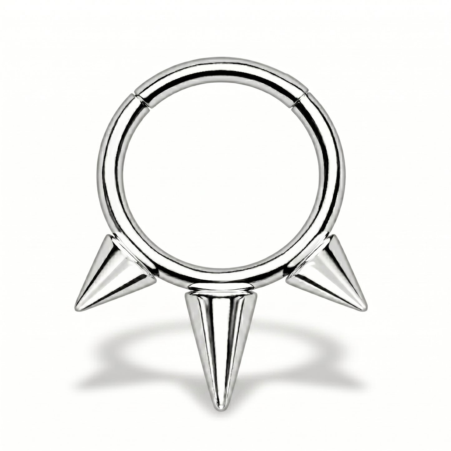 Three Spike Segment Septum Ring 16 Gauge ASTM F136 Titanium pictured against a white background.