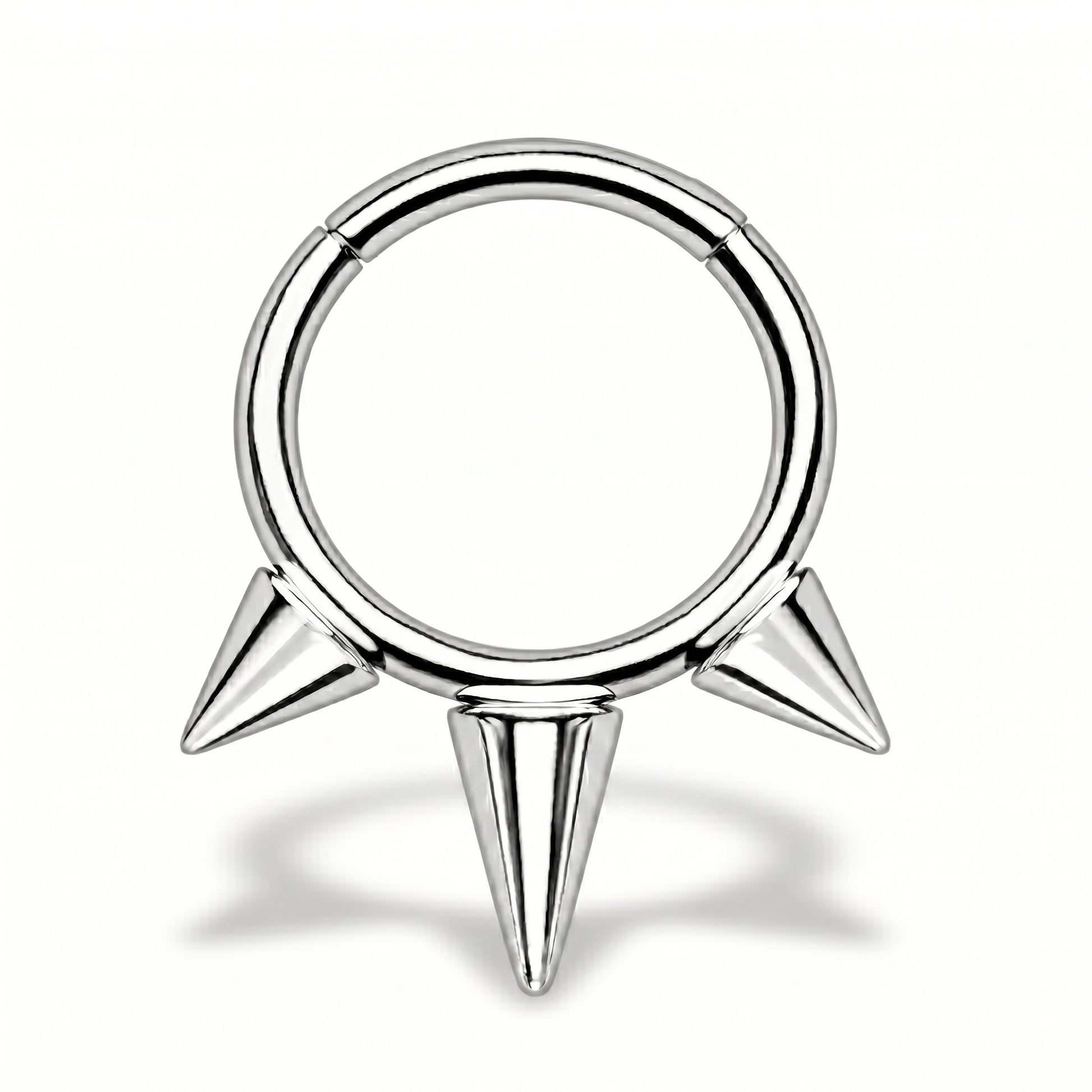 Three Spike Segment Septum Ring 16 Gauge ASTM F136 Titanium pictured against a white background.