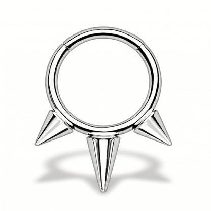 Three Spike Segment Septum Ring 16 Gauge ASTM F136 Titanium pictured against a white background.