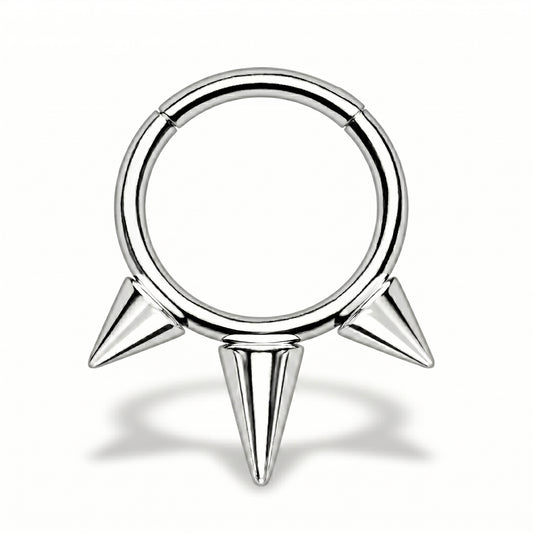 Three Spike Segment Septum Ring 16 Gauge ASTM F136 Titanium pictured against a white background.