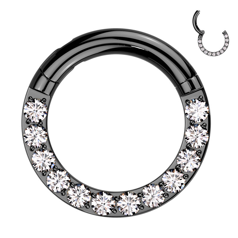 A titanium 10g septum ring with a clicker style design, black plating, and cubic zirconia's on the bottom half of the hoop pictured against a white background.