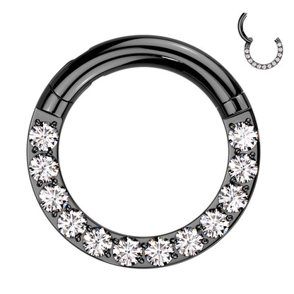 A titanium 10g septum ring with a clicker style design, black plating, and cubic zirconia's on the bottom half of the hoop pictured against a white background.