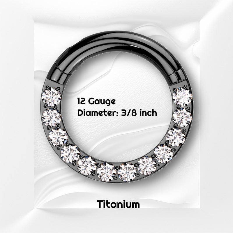 A titanium 12g segment ring pictured on a white wavy background with black text stating the size of this piece of septum jewelry.