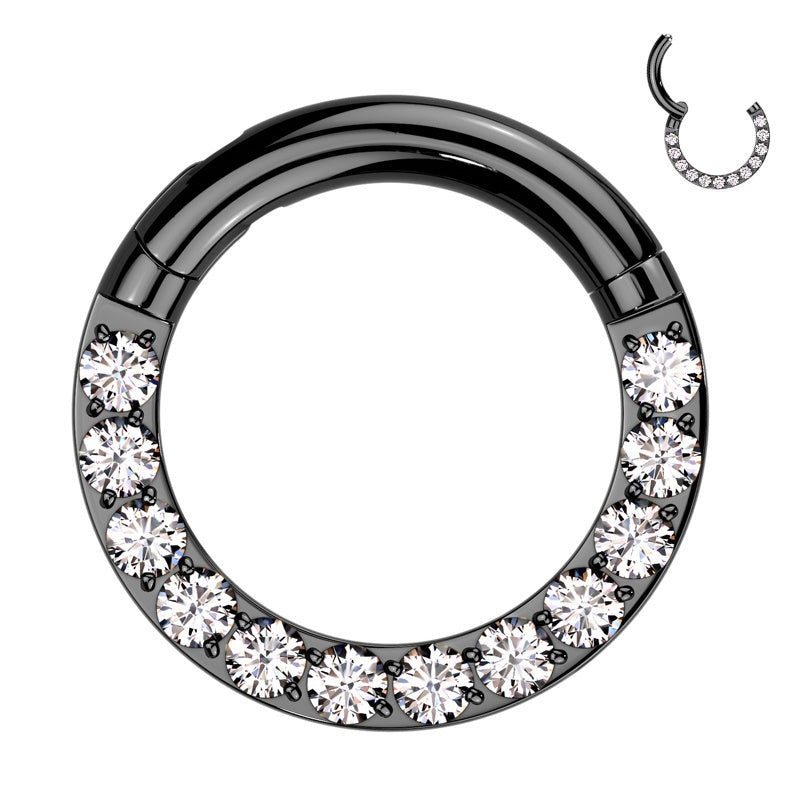 A titanium 12g segment ring featuring a black finish with cubic zirconia around the bottom half of the hoop pictured against a white background.