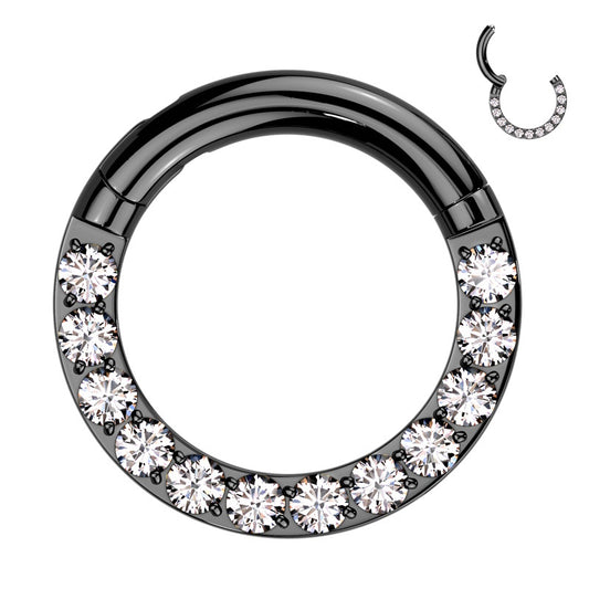 A titanium 12g segment ring featuring a black finish with cubic zirconia around the bottom half of the hoop pictured against a white background.