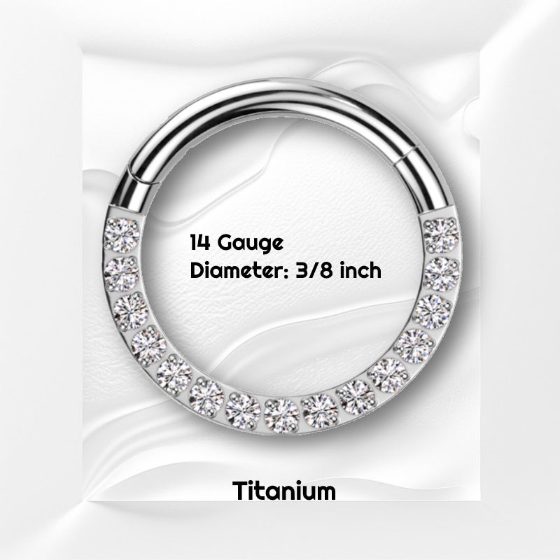 A titanium 14g septum ring pictured on a white wavy background with black text stating the size of this piece of septum jewelry.