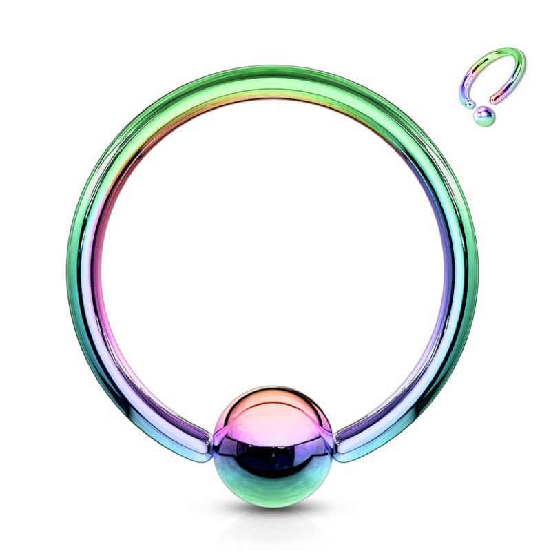 A titanium 18g septum ring featuring a rainbow finish with a captive bead ring design pictured on a white background.