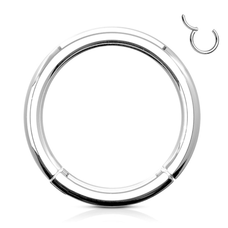 A titanium 20 gauge septum ring featuring a clicker closure pictured against a white background.