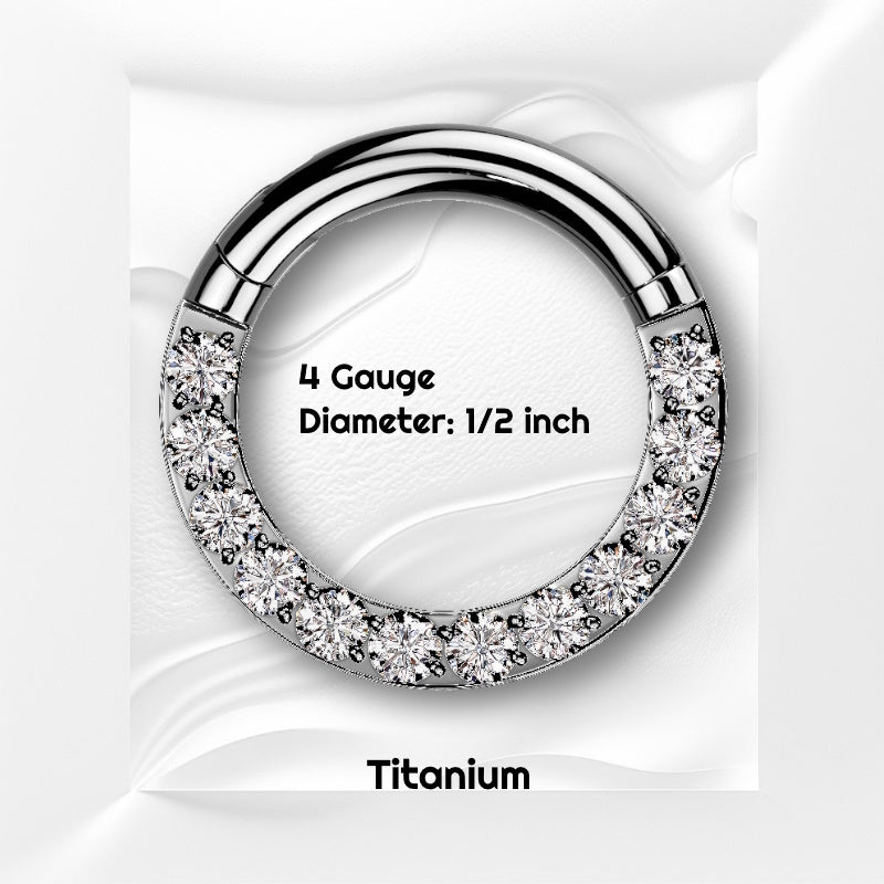 A titanium 4 gauge septum ring pictured on a white wavy background with black text stating the size of this piece of septum jewelry.