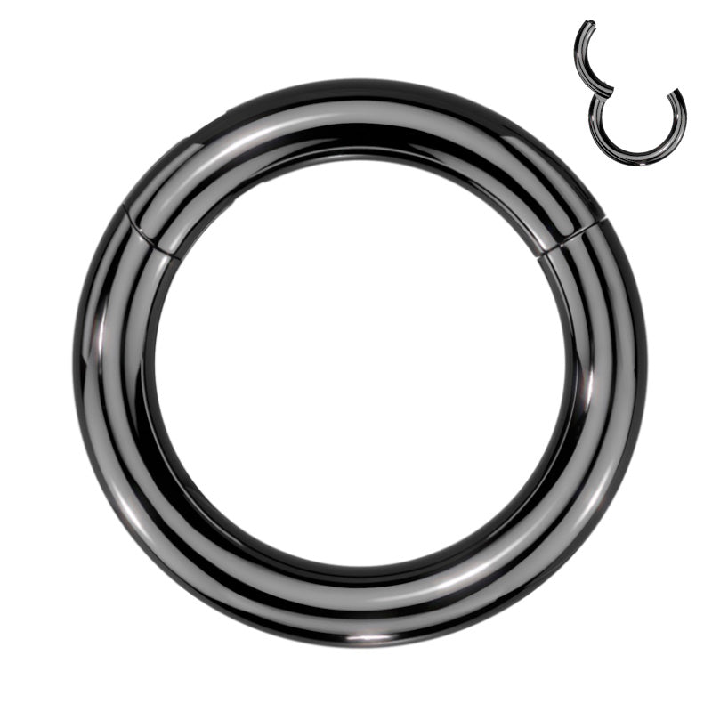 A titanium 6g septum ring featuring a hinged segment and a polished black finish pictured against a white background.