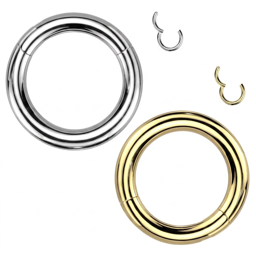 Hinged Segment Ring 8 Gauge ASTM F136 Titanium Silver Gold on a white background.