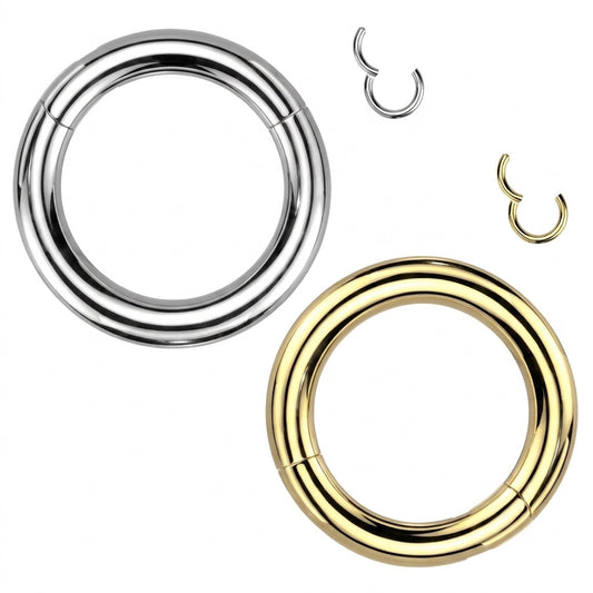 Hinged Segment Ring 8 Gauge ASTM F136 Titanium Silver Gold on a white background.
