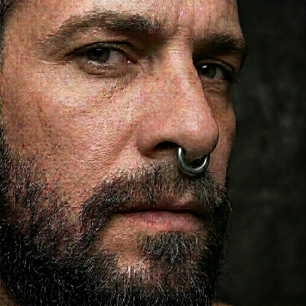 Hinged Segment Ring 8 Gauge ASTM F136 Titanium Silver in the septum piercing of a male model.