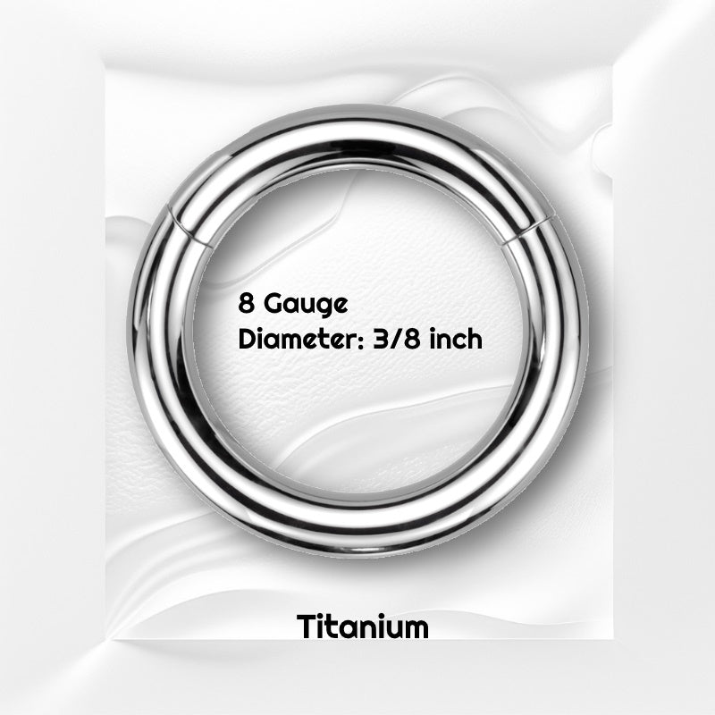 A titanium 8g segment ring pictured on a white wavy background with black text stating the size of this piece of septum jewelry.