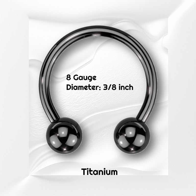 A titanium 8g septum ring pictured on a white wavy background with black text stating the size of this piece of septum jewelry.