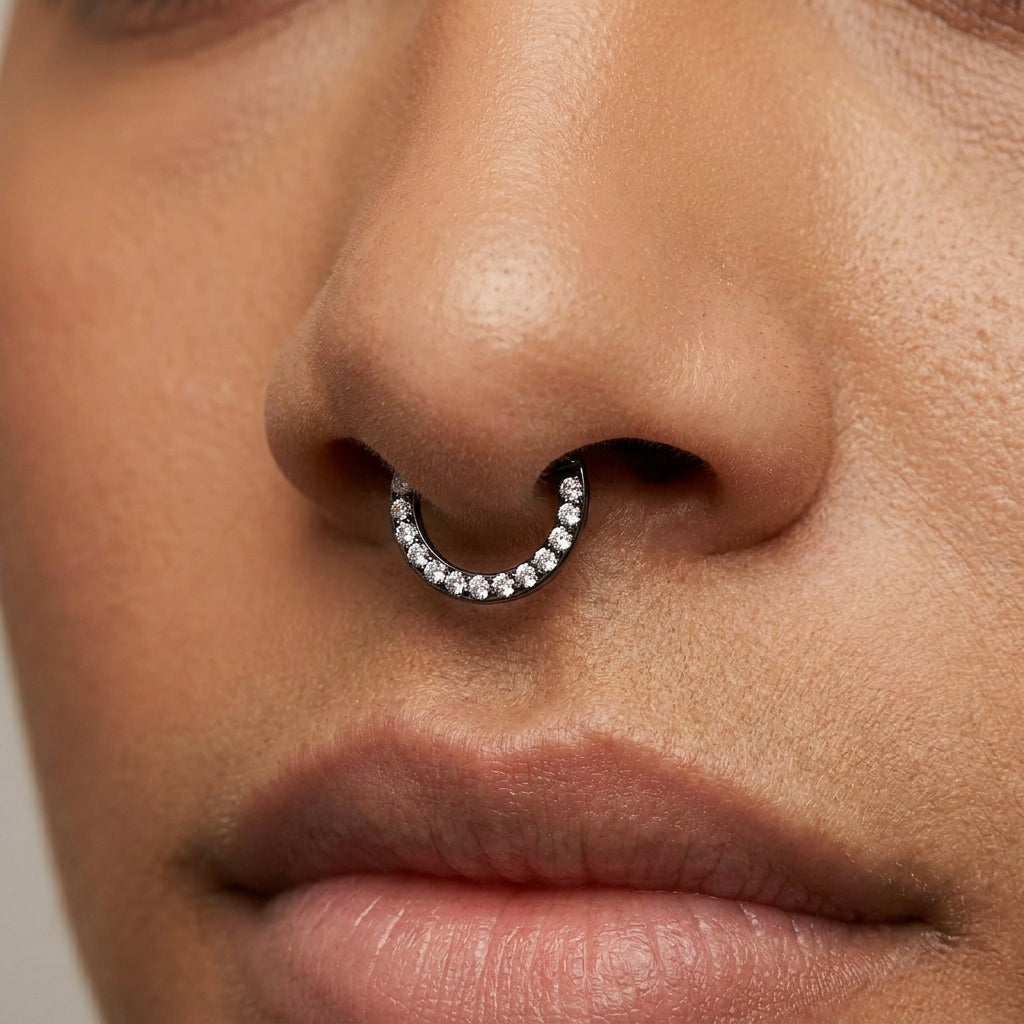 Close-up of a female model wearing a titanium black and cubic zirconia septum ring.