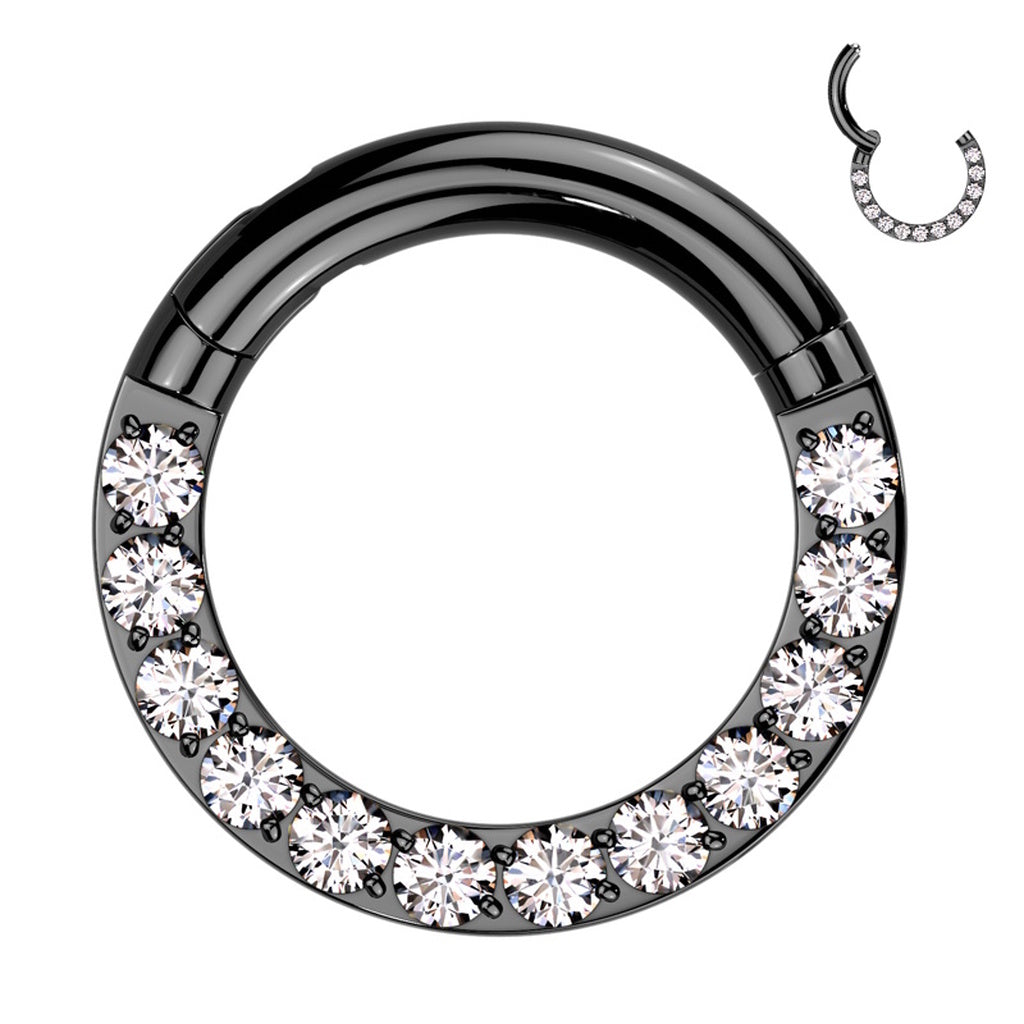 Titanium Black segment septum ring with clear cubic zirconia on a white background