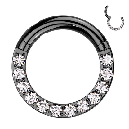 Titanium Black segment septum ring with clear cubic zirconia on a white background