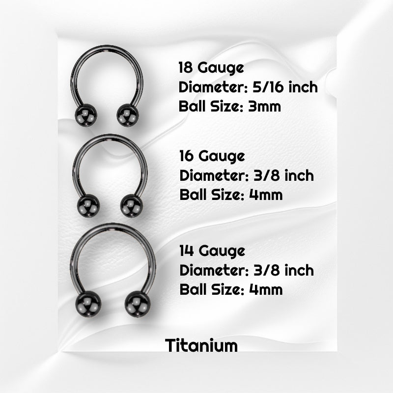 Three sizes of titanium black septum horseshoes pictured on a white wavy background with black text stating the size of each piece of this septum jewelry.