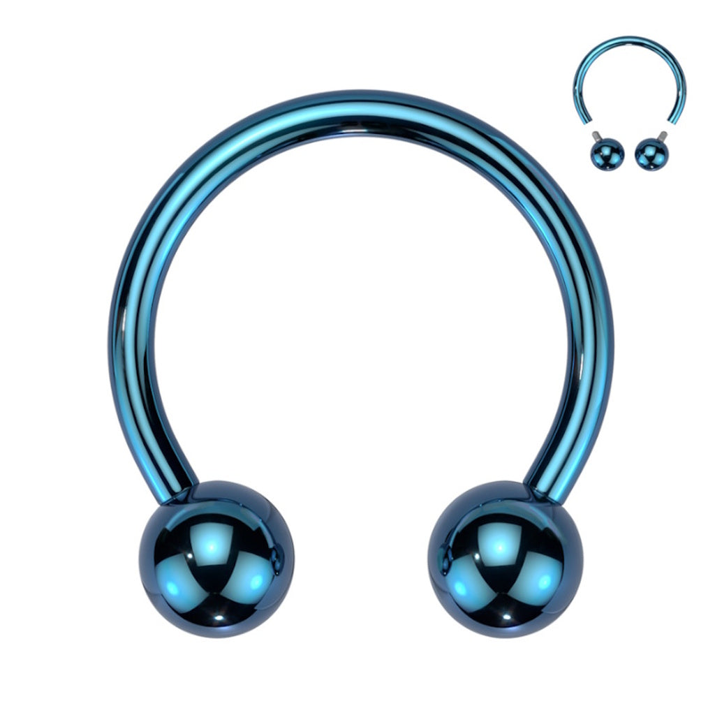 Titanium Horseshoe Septum Ring 16G Internally Threaded Blue on white background.