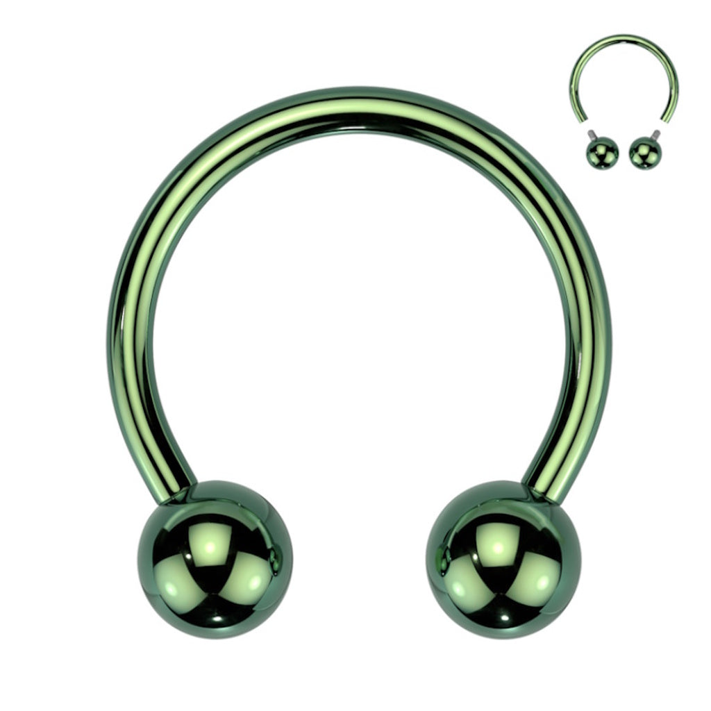 Titanium Horseshoe Septum Ring 16G Internally Threaded Green on a white background.