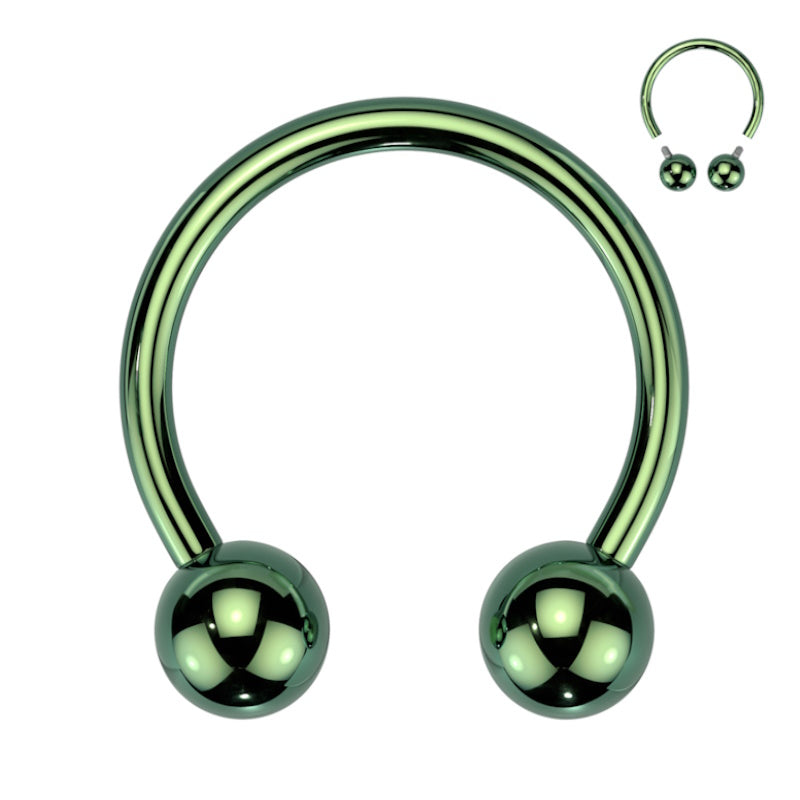 A titanium green septum ring that features a green polished horseshoe design with a ball on each end pictured against a white background.