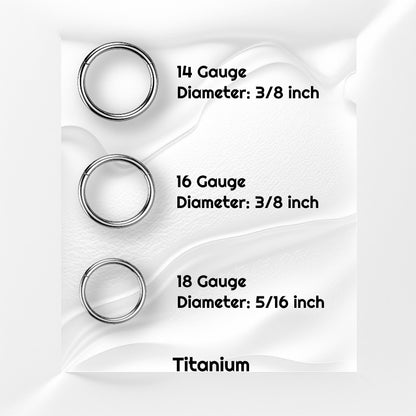 Three sizes of titanium hinged septum rings pictured on a white wavy background with black text stating the size of each piece of this septum jewelry.