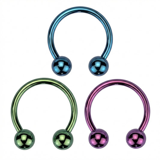 Titanium Horseshoe Septum Ring 16G Internally Threaded Blue Green Purple on a white background.