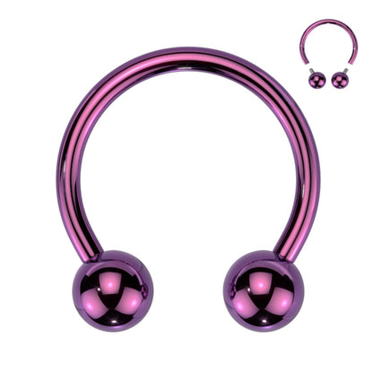 A titanium purple septum ring with a horseshoe barbell design that has a ball on each end pictured against a white background. 