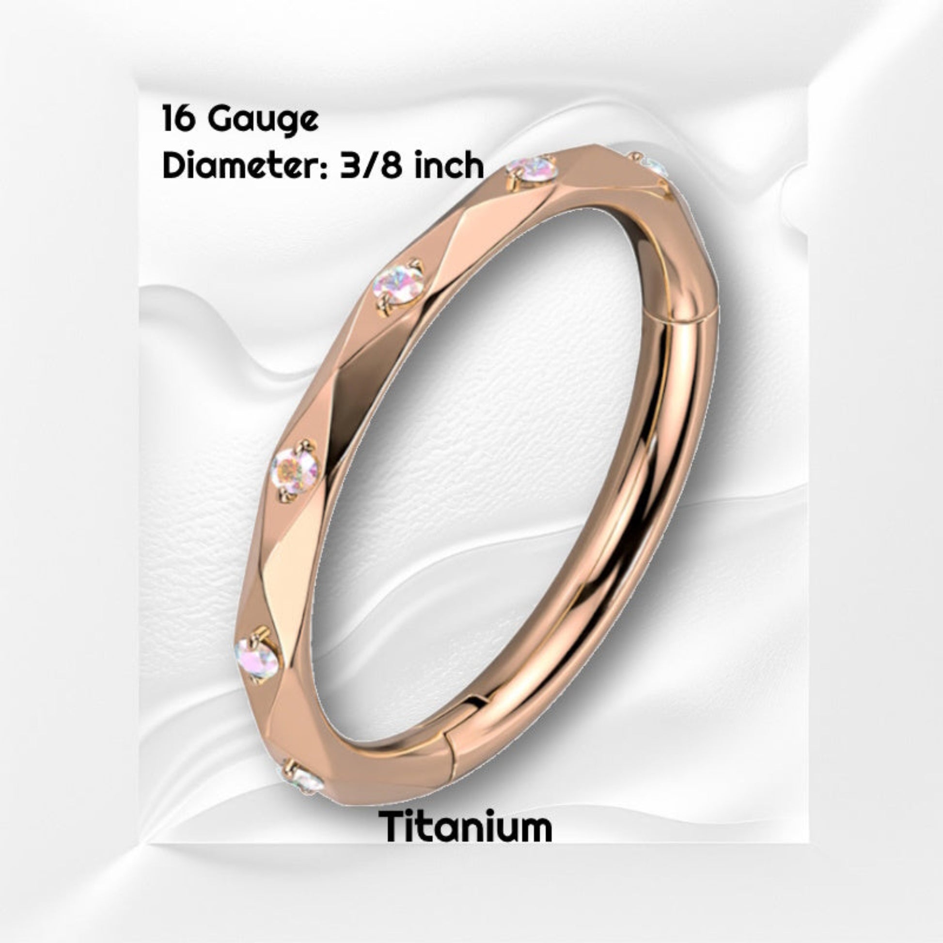 A rose gold faceted cubic zirconoia segment septum ring picgtured against a white wavy background with the dimentions of this titanium septum ring.