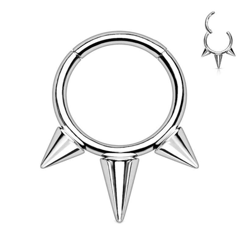 A segment titanium septum ring with spikes pictured against a white background.