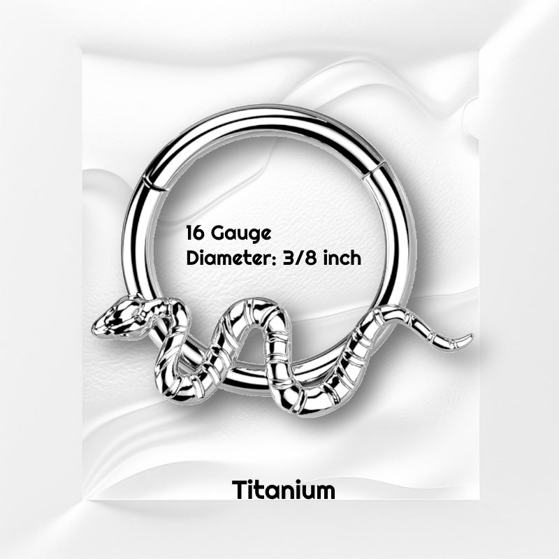 A titanium snake septum ring pictured on a white wavy background with black text stating the size of this piece of septum jewelry.