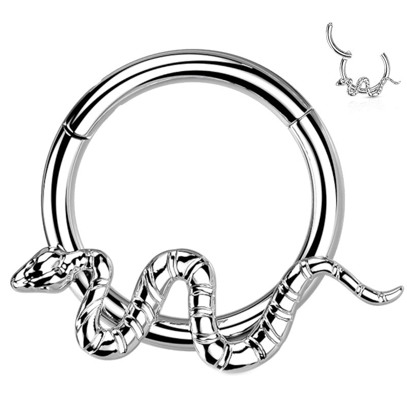 A titanium snake septum ring featuring a curved snake attached to the bottom of a hoop pictured against a white background.