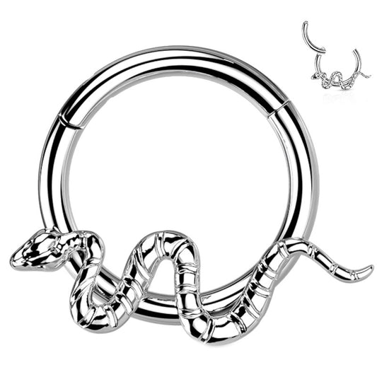 A titanium snake septum ring featuring a curved snake attached to the bottom of a hoop pictured against a white background.